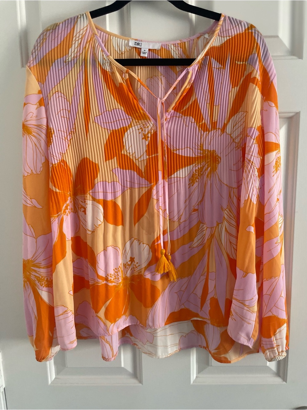 DR2 Pink & Orange Floral Pleated V-Neck Blouse - Picture 3 of 7